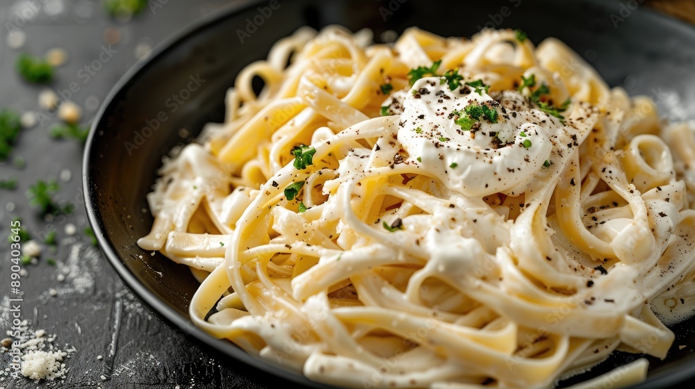 Delicious pasta with sour cream on black table closeup Delicious pasta with sour cream on black table closeup