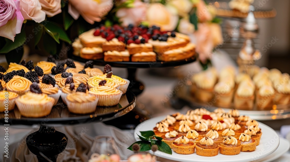 Delicious pastries displayed at a reception banquet Delicious pastries displayed at a reception banquet