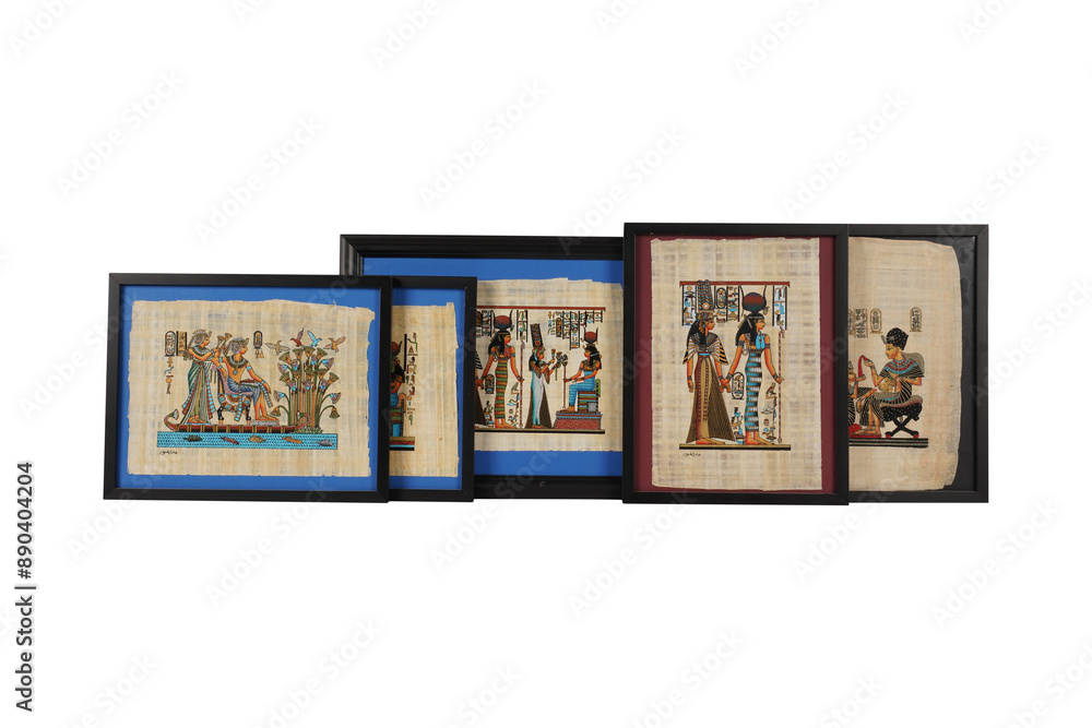 Obraz premium Set of Four Egyptian Watercolors on Papyrus, Largest Frame