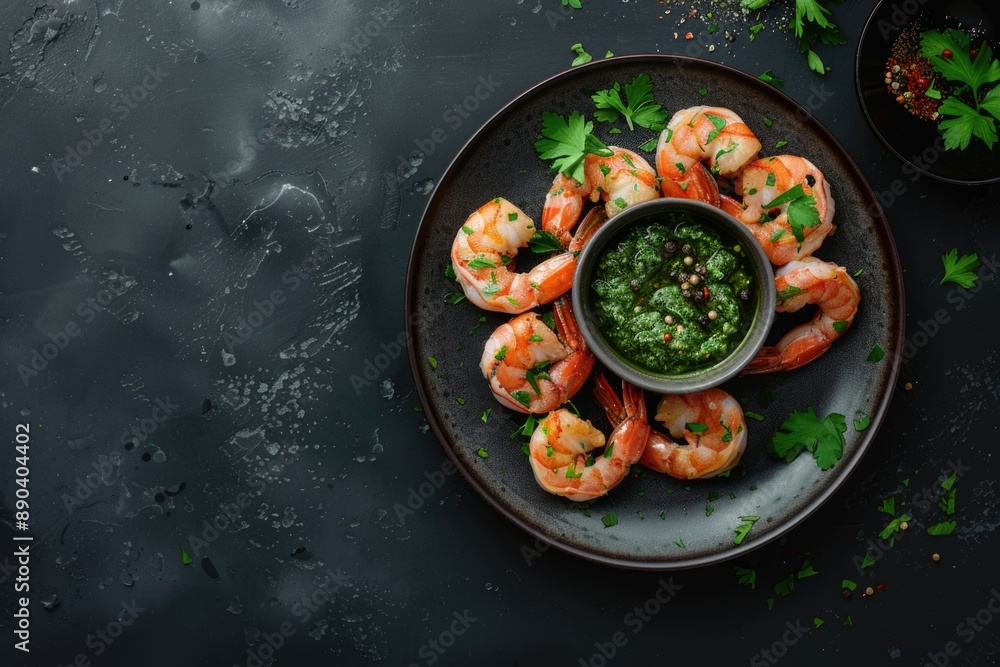 Delicious shrimp on a plate with green sauce and spices, in a top view. Delicious shrimp on a plate with green sauce and spices, in a top view.