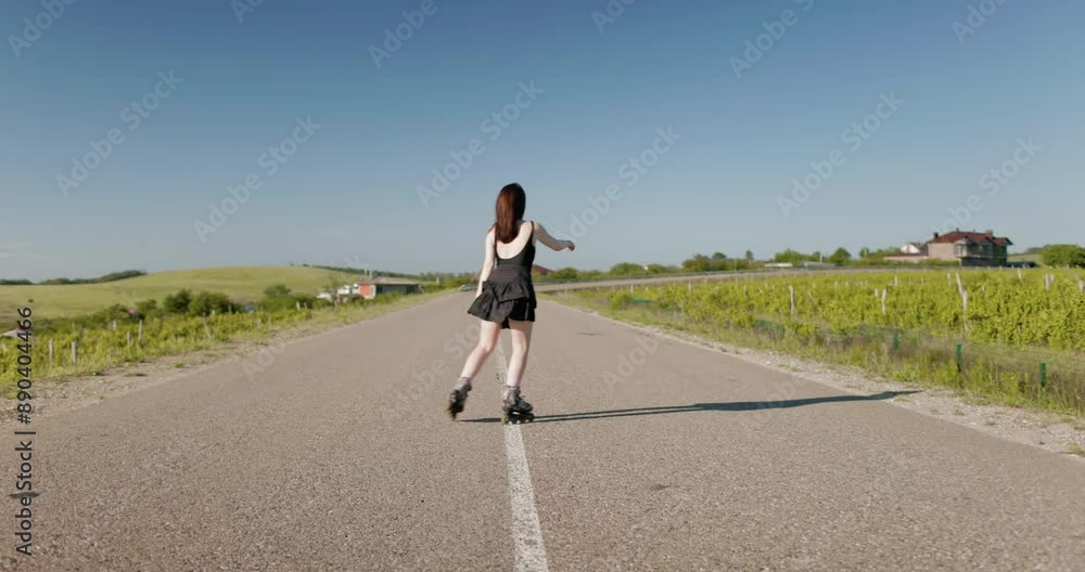 Young woman in dress training on roller skating outdoor. Woman on roller skate Young woman in dress training on roller skating outdoor. Woman on roller skate