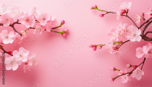 Branches of cherry blossoms hang on a pink background, space for text
