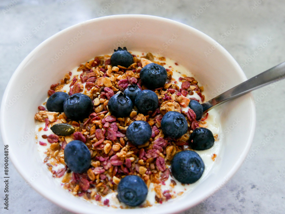 Yoghurt parfait. Breakfast bowl. Yoghurt, blueberries and muesli/granola. Yoghurt parfait. Breakfast bowl. Yoghurt, blueberries and muesli/granola.
