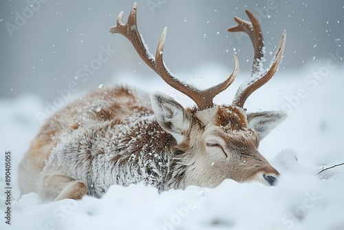 Sleeping deer with antlers rests peacefully in the snow, surrounded by a serene winter landscape.