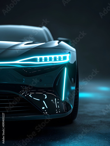 Car headlight, front shot, neon