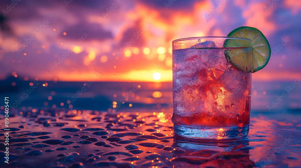 A cocktail with a lime wedge on a sunlit beach