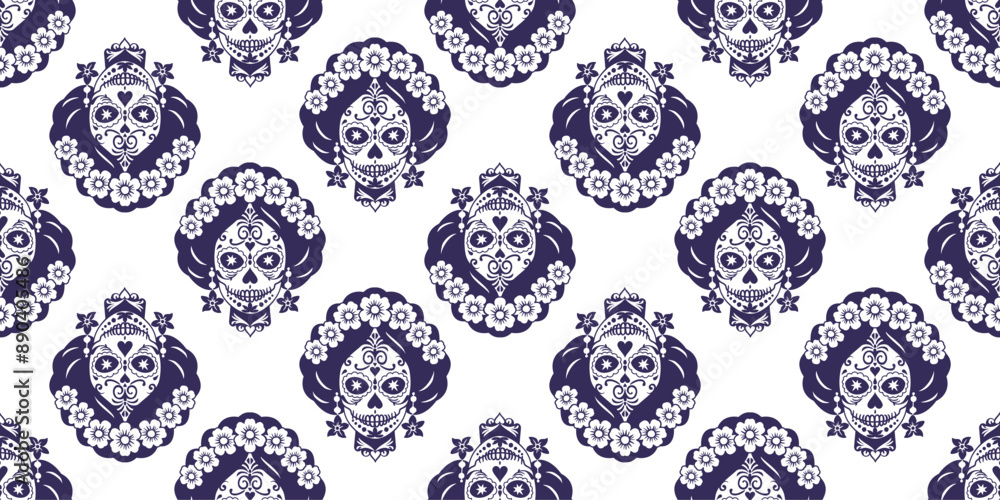 Vector seamless pattern with sugar skulls. Catrina head. Mexican Day of the Dead. Blue and white Vector seamless pattern with sugar skulls. Catrina head. Mexican Day of the Dead. Blue and white