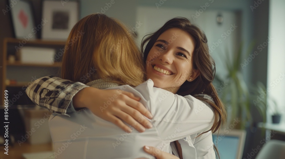 Two female coworkers embracing in a modern office setting, perfect for corporate or business use Two female coworkers embracing in a modern office setting, perfect for corporate or business use