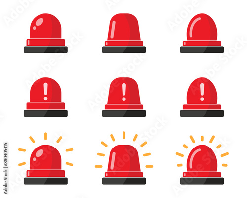Emergency siren flashlight set for police, ambulance and alarms with exclamation hazard warning symbol in red color. Emergency police siren. Ambulance light vector set.