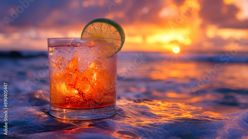 A cocktail with a lime wedge on a sunlit beach