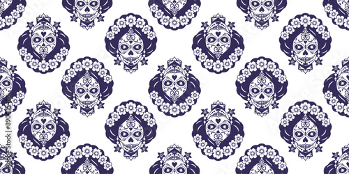 Vector seamless pattern with sugar skulls. Catrina head. Mexican Day of the Dead. Blue and white