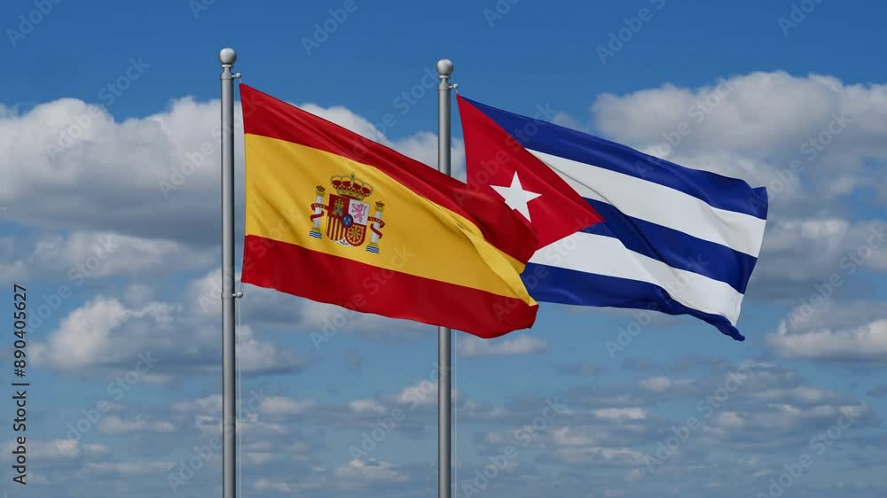Cuba and Spain flags flying together, video concept of the relationship, two country cooperation concept Cuba and Spain flags flying together, video concept of the relationship, two country cooperation concept