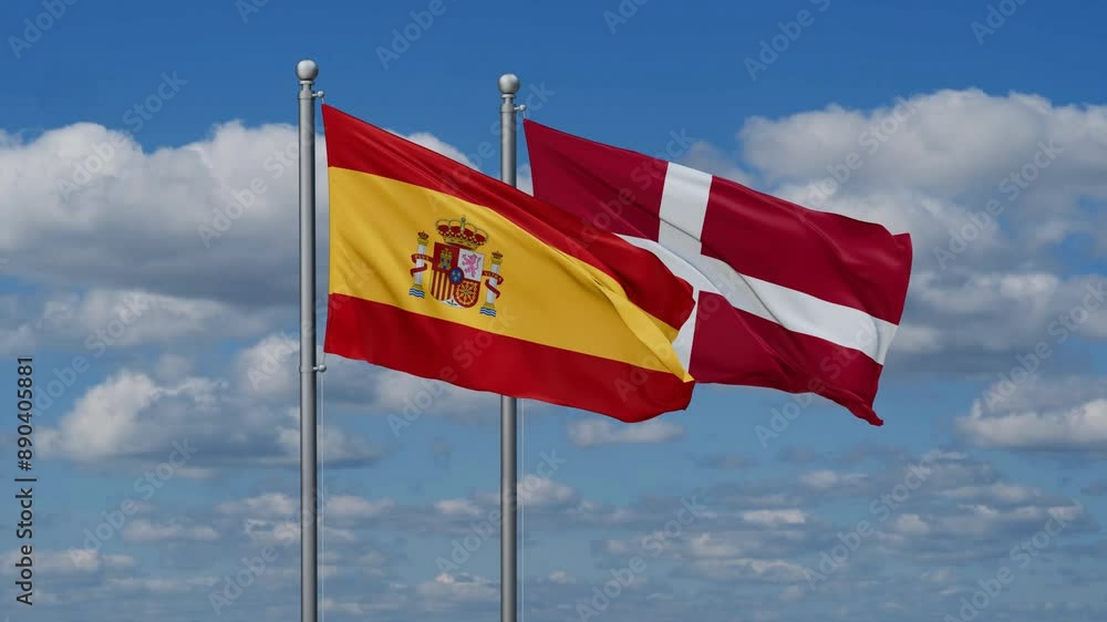 Denmark and Spain flags flying together, video concept of the relationship, two country relations concept Denmark and Spain flags flying together, video concept of the relationship, two country relations concept