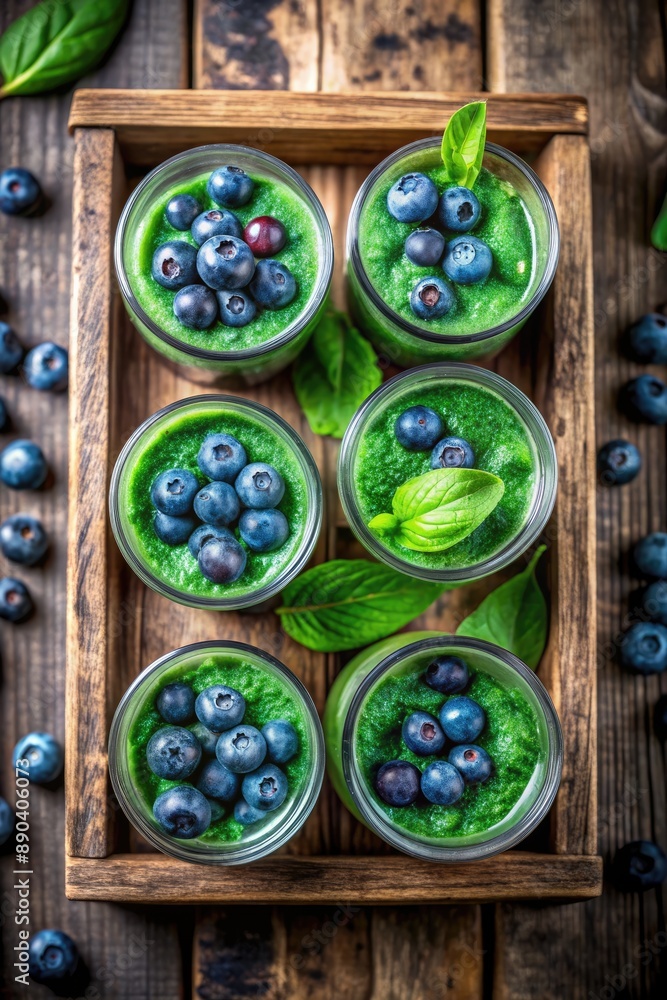 Blueberries and mint leaves in rustic wooden bowls. Blueberries and mint leaves in rustic wooden bowls.