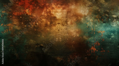 Grunge texture. Dark brown background with green and red accents. © Creative