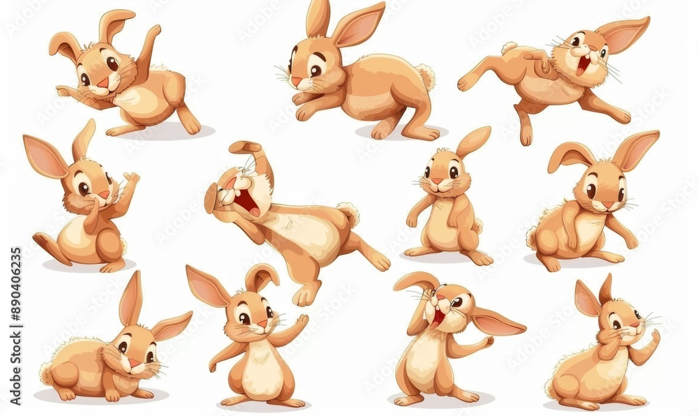 Naklejka premium Adorable Rabbits in Various Poses: Playful Bunnies for Children's Storybook Illustrations and Animal World Concepts. Cute Cartoon Characters on White Background, Perfect for 4K High-Definition Wallpap