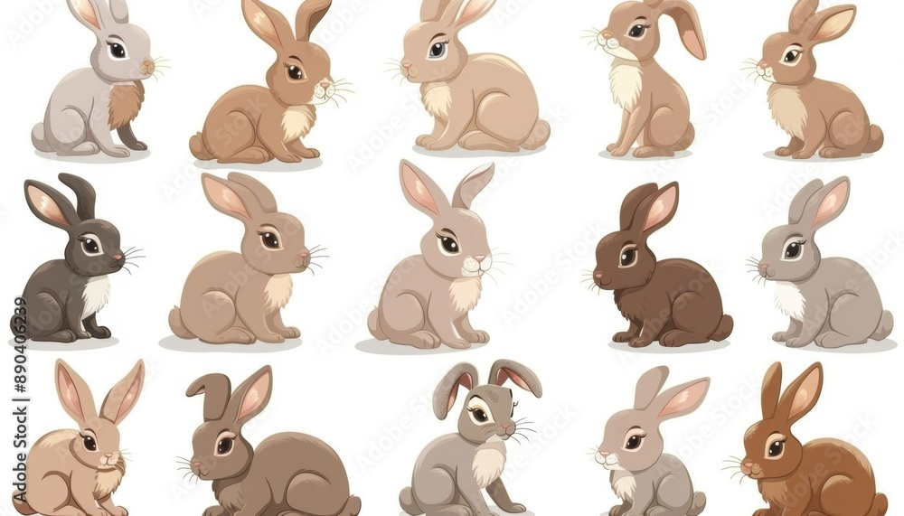 Naklejka premium Adorable Rabbits in Various Poses: Playful Bunnies for Children's Storybook Illustrations and Animal World Concepts. Cute Cartoon Characters on White Background, Perfect for 4K High-Definition Wallpap