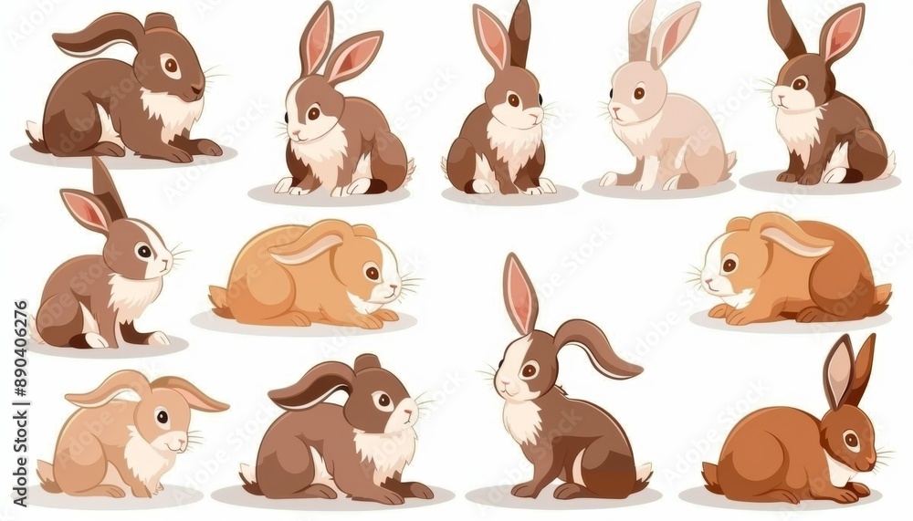Naklejka premium Adorable Rabbits in Various Poses: Playful Bunnies for Children's Storybook Illustrations and Animal World Concepts. Cute Cartoon Characters on White Background, Perfect for 4K High-Definition Wallpap