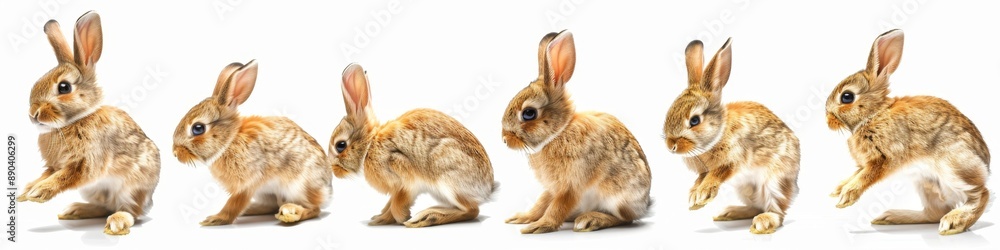 Fototapeta premium Adorable Rabbits in Various Poses: Playful Bunnies for Children's Storybook Illustrations and Animal World Concepts. Cute Cartoon Characters on White Background, Perfect for 4K High-Definition Wallpap