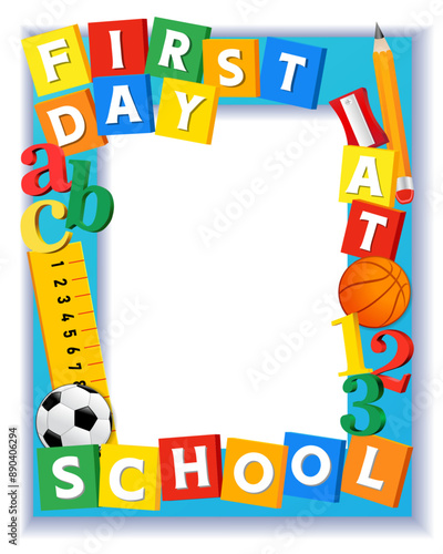First day at school booth design, Back to school photo frame. First day at school 2024-2025 creative vector text with colored cubes, pencil, sport balls, ruler and sharpener