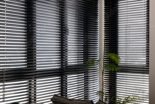 Wooden automatic blinds partially open, covering large corner windows in the interior. Sunlight gently filters through wood venetian blinds, creating a serene atmosphere, complemented by indoor plants