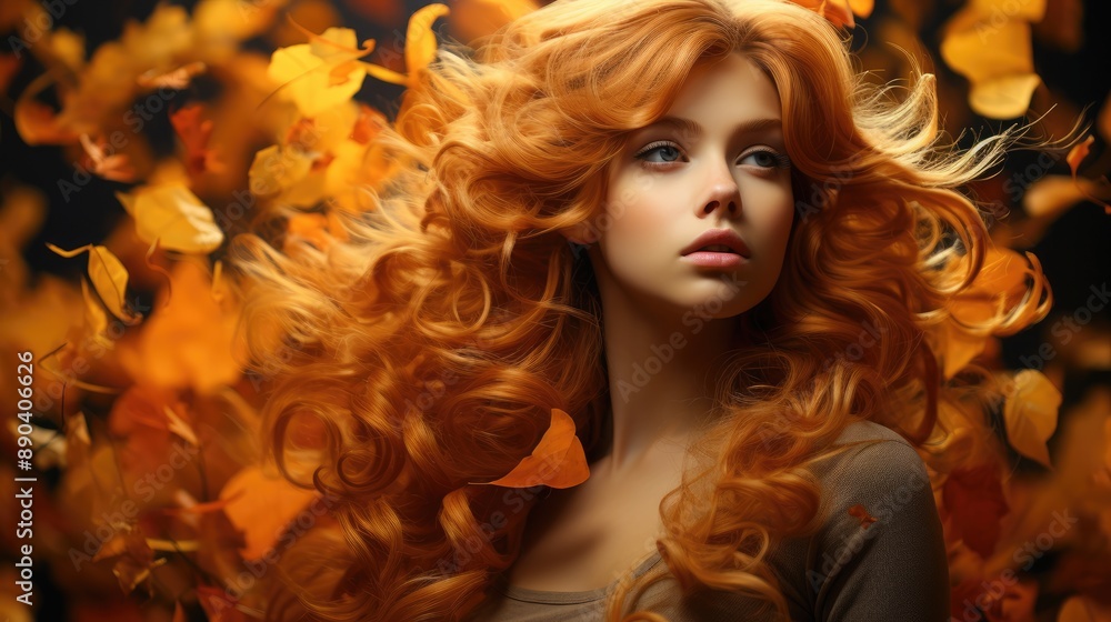 Autumn girl with red hair on orange background Autumn girl with red hair on orange background