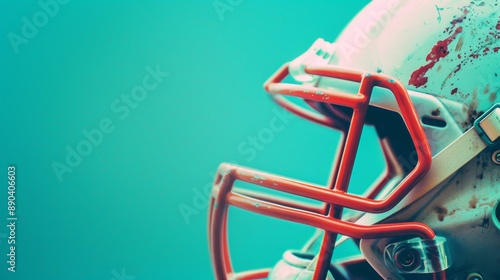 Vintage Football Helmet with Scuffs and Marks on Pastel Blue Background