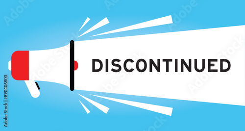Color megaphone icon with word discontinued in white banner on blue background