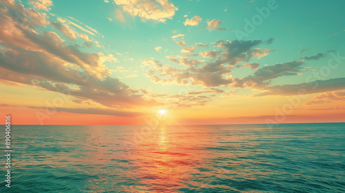 Sea view at sunset. Summer travel background. Vintage filter. Beautiful blue sky with clouds and sun on the horizon of the sea. By --aspect 16:9 