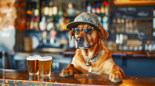 A fashionable dog enjoying a beer in a lively bar  photo