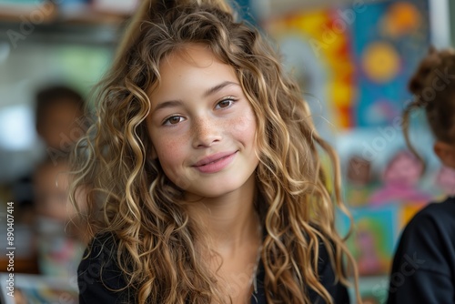 Young Girl With Long Curly Blonde Hair Smiles For The Camera