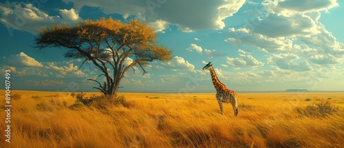 Giraffes in the Savanna Photographs of giraffes roaming the open plains of the African savanna, often with iconic acacia trees and expansive landscapes in the background photo