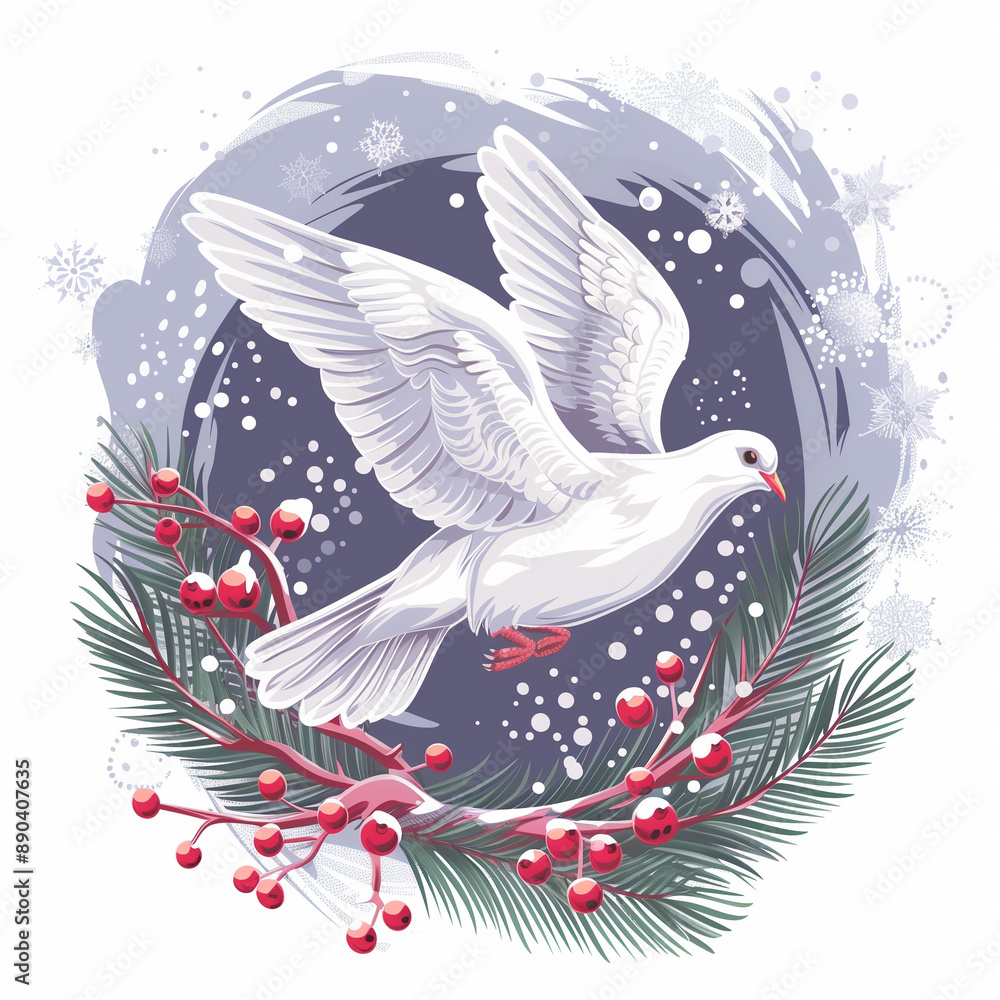 Fototapeta premium Beautiful Christmas dove illustration, white dove set against winter festive background. This elegant design symbolizes peace and goodwill, perfect for holiday greetings - for Christmas, for New Year.