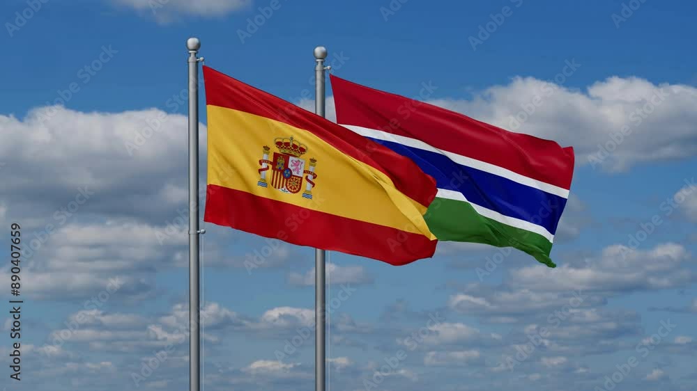 Gambia and Spain flags flying together, video concept of the relationship, two country relations concept Gambia and Spain flags flying together, video concept of the relationship, two country relations concept