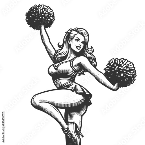 cheerleader in classic pin-up pose with pom-poms and a playful expression sketch engraving generative ai fictional character vector illustration. Scratch board imitation. Black and white image