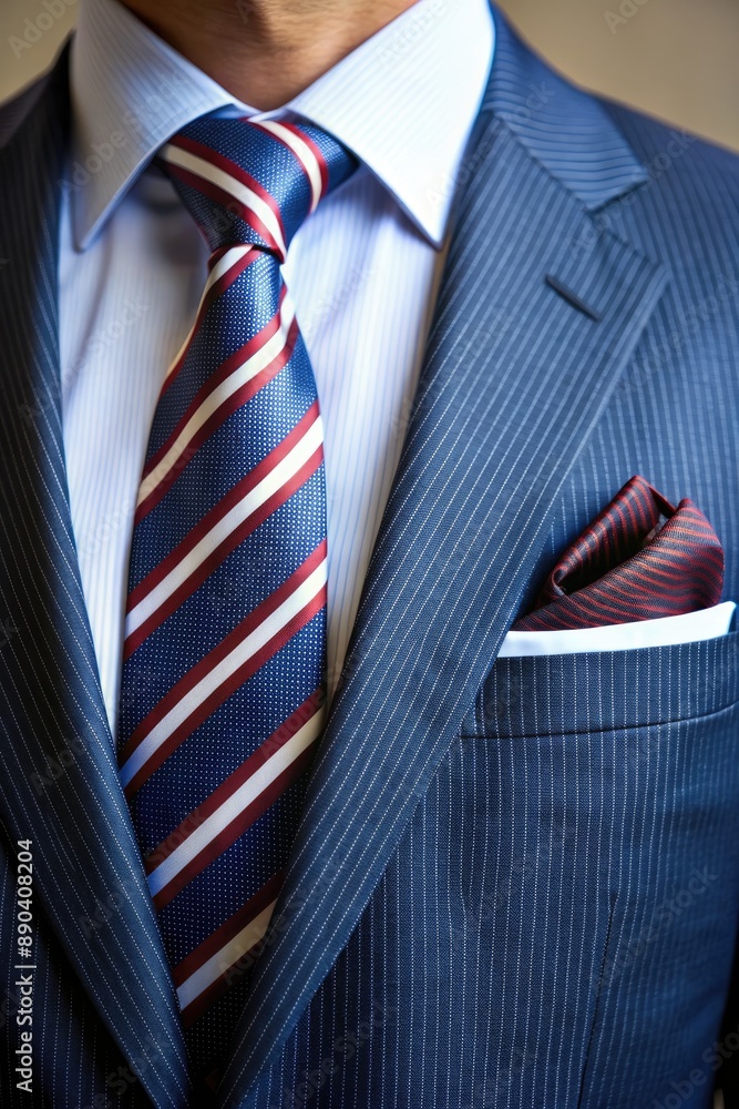 Man in a blue suit with a red striped tie and pocket square. Man in a blue suit with a red striped tie and pocket square.