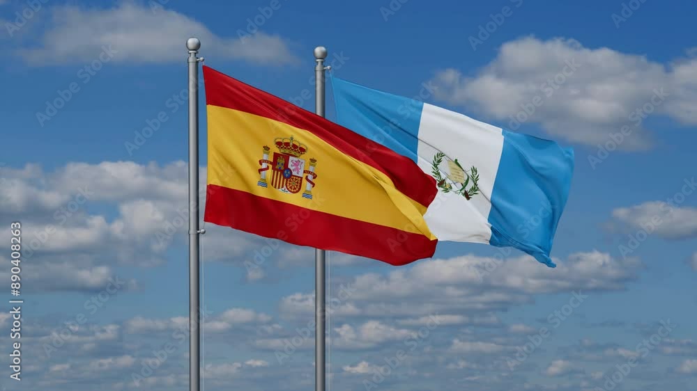 Guatemala and Spain flags flying together, video concept of the relationship, two country relations concept Guatemala and Spain flags flying together, video concept of the relationship, two country relations concept