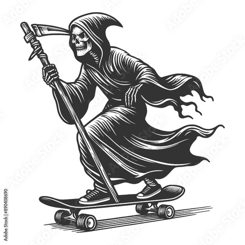 Grim Reaper riding a skateboard holding a scythe, dark themes with skate culture sketch engraving generative ai fictional character vector illustration. Scratch board imitation. Black and white image.