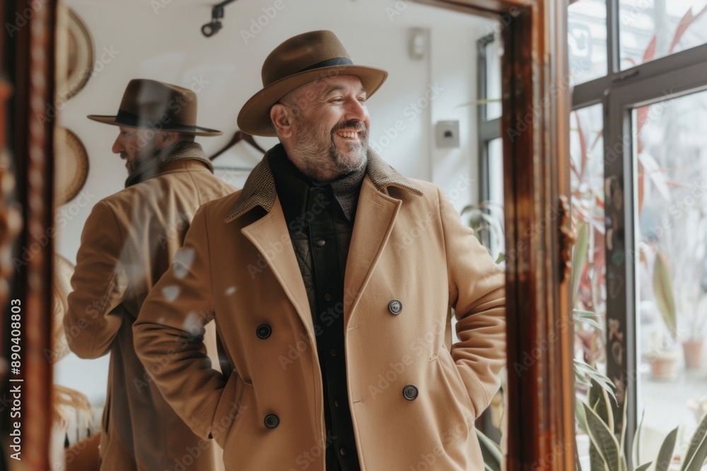 Man trying on stylish brown coat and hat in a shop window Man trying on stylish brown coat and hat in a shop window