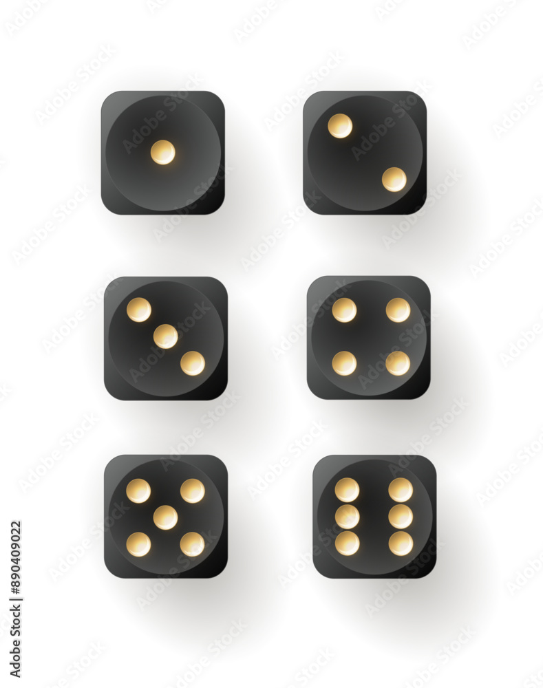 Dice of vector gambling games design, casino, craps and poker, tabletop or board games. Realistic black cubes Dice of vector gambling games design, casino, craps and poker, tabletop or board games. Realistic black cubes