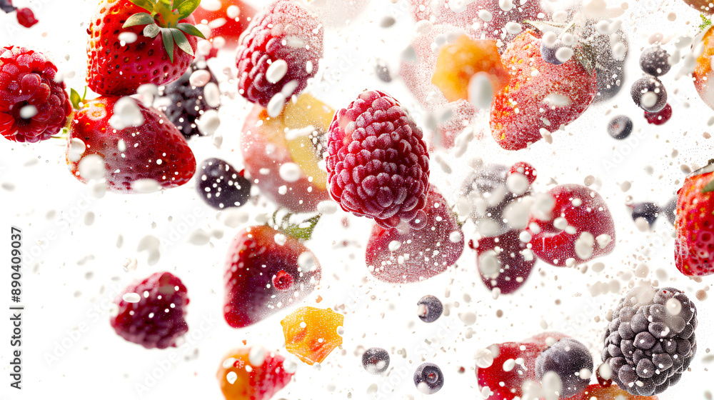 Fresh juicy berries in powdered sugar on a white background in the air. Clusters of strawberries, blueberries and raspberries are flying through the air. The concept of chaos and movement Fresh juicy berries in powdered sugar on a white background in the air. Clusters of strawberries, blueberries and raspberries are flying through the air. The concept of chaos and movement