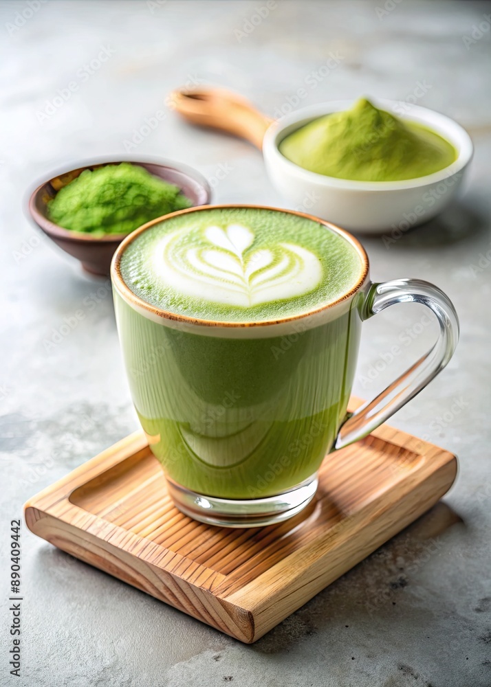 Matcha green tea latte with a heart design. Matcha green tea latte with a heart design.