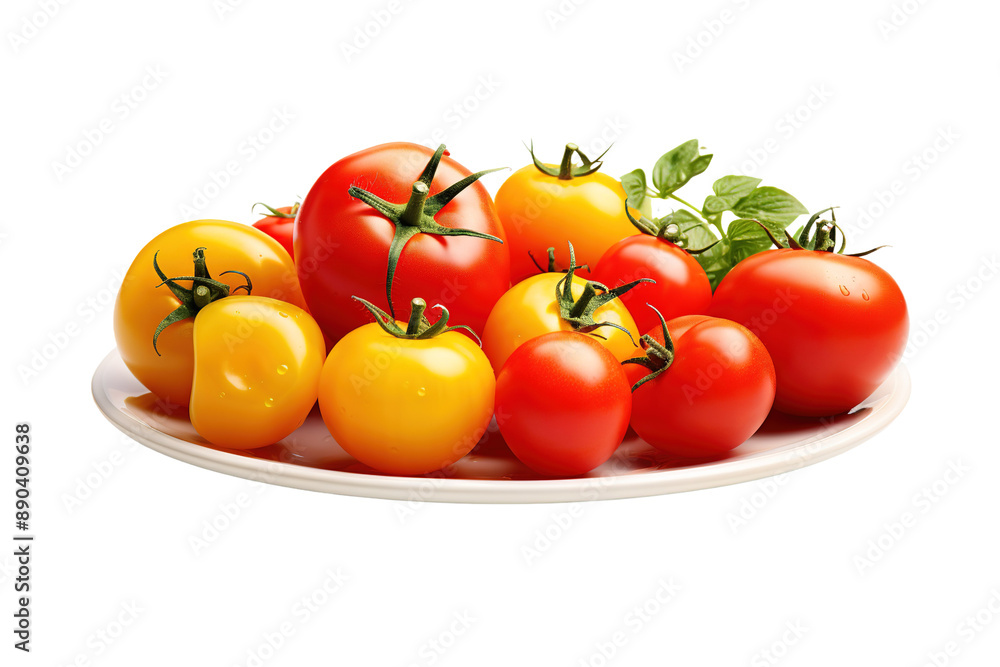 A Harvest of Vibrant Tomatoes on a Gleaming Plate on White or PNG Transparent Background. A Harvest of Vibrant Tomatoes on a Gleaming Plate on White or PNG Transparent Background.