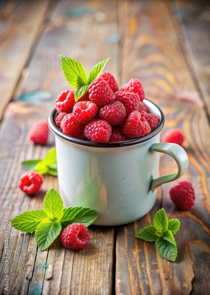 Fresh raspberries in a mug with mint leaves. Fresh raspberries in a mug with mint leaves.