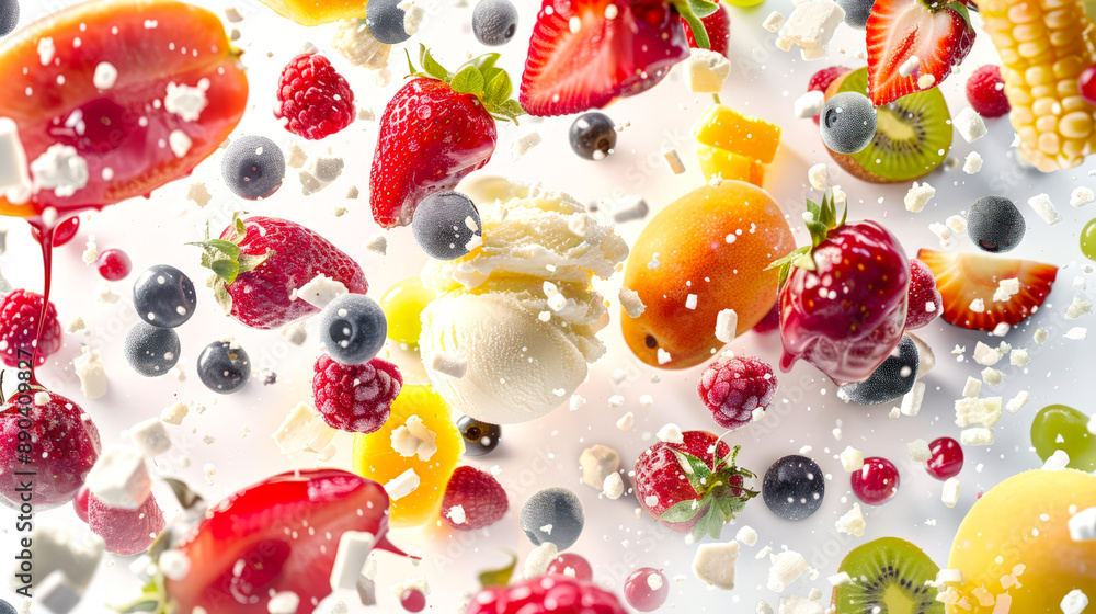 Ice cream with tropical fruits and wild berries on a white background. Berry and fruit mix with strawberries, blueberries and kiwi. Fruits are scattered throughout the image Ice cream with tropical fruits and wild berries on a white background. Berry and fruit mix with strawberries, blueberries and kiwi. Fruits are scattered throughout the image