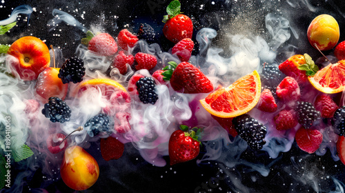 Fototapeta Naklejka Na Ścianę i Meble -  Berry-fruit mixture with a lot of smoke and steam on a black background. Berry and fruit mix. The gifts of summer