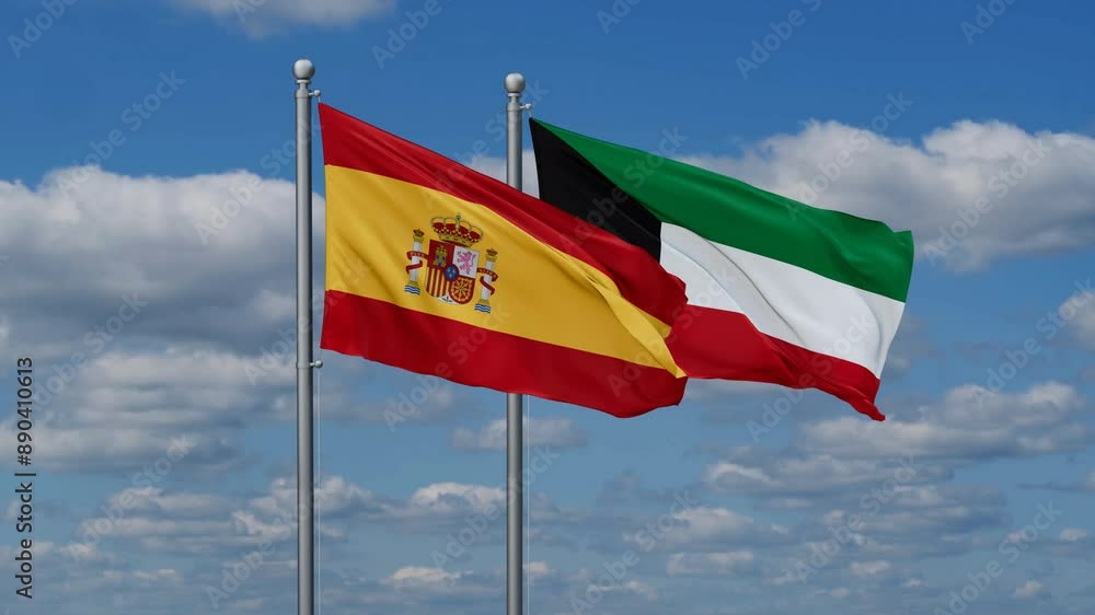Kuwait and Spain flags flying together, video concept of the relationship, two country cooperation concept Kuwait and Spain flags flying together, video concept of the relationship, two country cooperation concept
