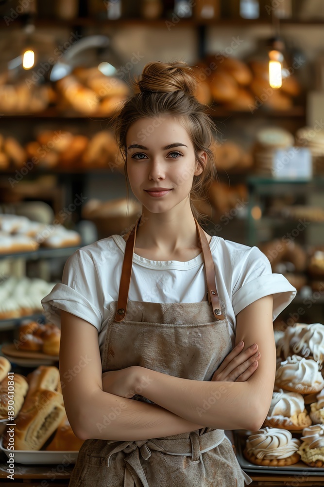 A confident female baker with folded arms standing proudly in front of a display of fresh bakery goods, symbolizing small business success A confident female baker with folded arms standing proudly in front of a display of fresh bakery goods, symbolizing small business success
