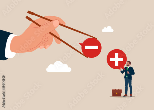 Pessimist and optimist. Gamma arms fingers hold chopsticks with bad and good thoughts. Art corporate communication between coworkers.  Modern vector illustration in flat style