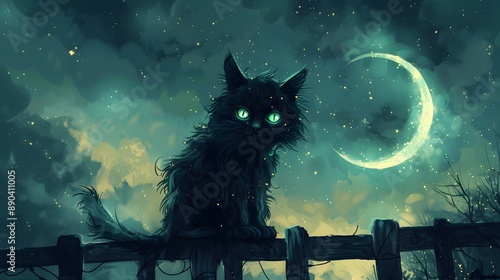 A black cat with glowing green eyes sitting on a fence under a crescent moon photo